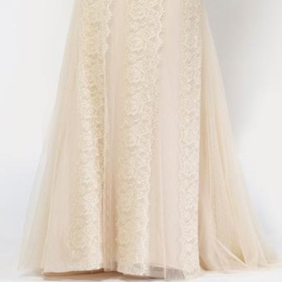 BLUSH Champagne Lace Rustic Wedding Dress, Cap Sleeve, Boat Neck Elegant Mother - Picture 6 of 15